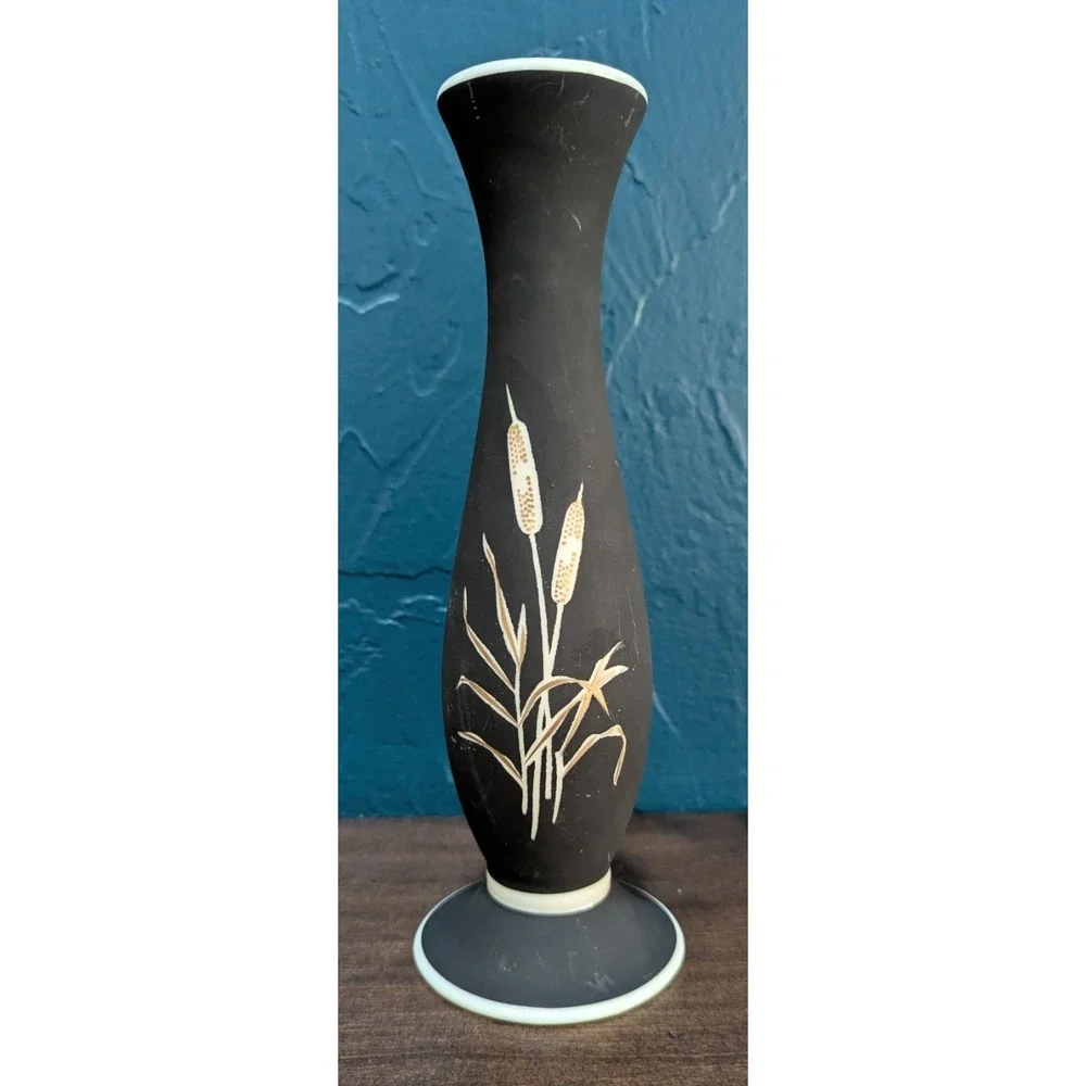 Vintage MCM‎ KM Porzellan Bavaria Germany Black Bud Vase w/Gold Cattails 9
